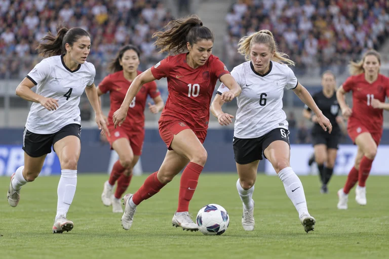 U20女足对阵西班牙队的比赛场景，双方球员争抢球权