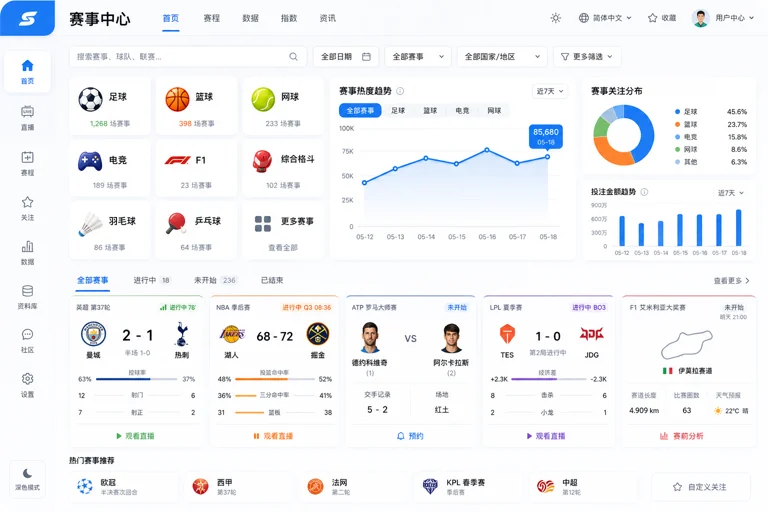 中文体育数据首页按赛事分类呈现实时信息